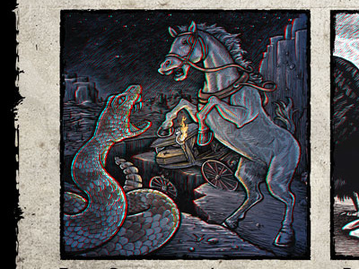 Spooking a Horsedrawn Hearse 3d anaglyph comic drawing hearse horse illustration snake western