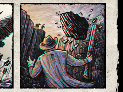 Death Trap Ravine 3d anaglyph boulder cowboy drawing illustration line art shotgun western