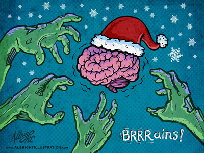 BRRRains Holiday Postcard Illustration brain brains funny halloween holiday illustration postcard santa scary vector zombie