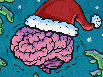 BRRRains Holiday Postcard Illustration detail brain brains cold funny holiday illustration postcard santa santa hat vector zombie