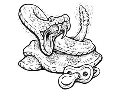 Oh baby, don't play with that rattle! - Daily Line Art ballpoint black white crosshatching halloween line art pacifier pen rattlesnake reptile scary snake stippling