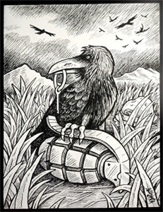 Empty Nest bird crow drawing grenade hand grenade illustration ink pen