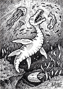 Plesiosaur dinosaur drawing illustration pen and ink plesiosaur scratchboard squid stingray underwater