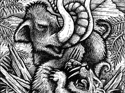 Survival of the Biggest art brad albright comic dallas dinosaur drawing elephant illustration ink line mammoth mastodon pen pen and ink prehistoric sabre scratch board scratchboard