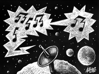 Cosmic Jam black and white drawing engraving etching illustration moon music music note outer space planet satellite scifi scratchboard