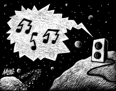 Stellar Groove black and white drawing engraving etching illustration moon music music note outer space planet satellite scifi scratchboard