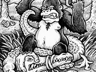 Donkey Kong line art ape banana cartoon character crocodile donkey kong etching gator gorilla illustration line art monkey pen and ink scratchboard video game