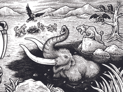 La Brea Tar Pits 2/2 art drawing illustration la brea line mammoth mastodon pen and ink prehistoric sabre tooth scratchboard tar pit vulture