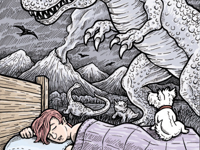Dreamosaurs in Technicolor bed dinosaur dog dream nightmare prehistoric sleep tyrannosaur westie