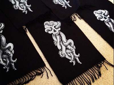 Hand-Printed Skull Scarves apparel drawing illustration scarf skull tentacle