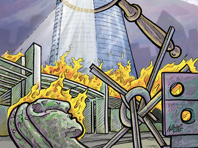 Extinguishing The Nasher Debacle architecture comic dallas editorial fire illustration magnifying glass nasher sculpture