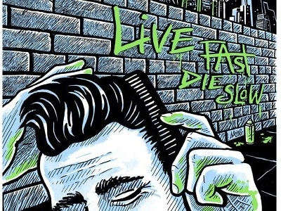 album cover art - Spector 45 'Live Fast / Die Slow' album brick cartoon cover art greaser illustration music