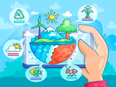 Ecosystem Augmented Reality augmented reality cartoon design doodle ecosystem graphic design illustration landing page landscape nature smartphone technology ui vector website