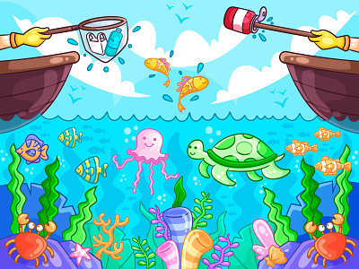 Keep Clean Our Ocean activity awareness campaign cartoon clean colorful design doodle environment graphic design illustration landing page nature ocean sea life ui vector website