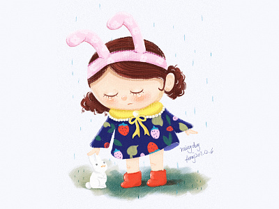 rainy day girl illustration rabbit rain