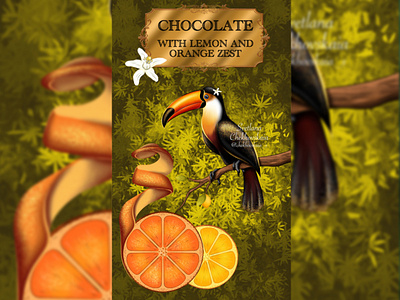 Illustration for the packaging of exotic chocolate "Orange" advertising bar bird brand character branding character character design chocolate commercial commercial illustration design digital art illustartor illustration lemon orange package packaging packaging design tucan