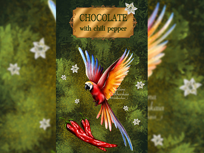 Illustration for the packaging of exotic chocolate Chili pepper advertising ara parrot bar bird boxing chile chocolate commercial illustration digital art illustration jungle package package illustration packaging packaging illustration parrot pepper sweets tropics wrapping