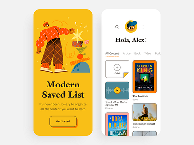 Saved List App app app design books cards design favorites illustration illustration app ios mobile podcast reading app reading list saved tabs typography ui user experience user interface ux