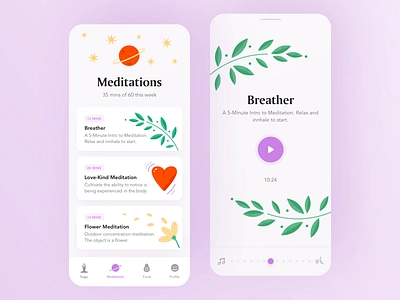 Meditation Mobile App animation app app design app illustration colorful femine illustrated illustration ios medicine meditation meditation app meditations player typography ui wellness yoga yoga app