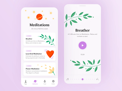 Meditation Mobile App animation app app design app illustration colorful femine illustrated illustration ios medicine meditation meditation app meditations player typography ui wellness yoga yoga app