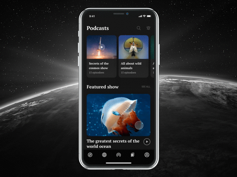 NS iOS: Science Podcasts science app dark ios principle animation science typography ios 12 sci-fi dark player dark player podcasts