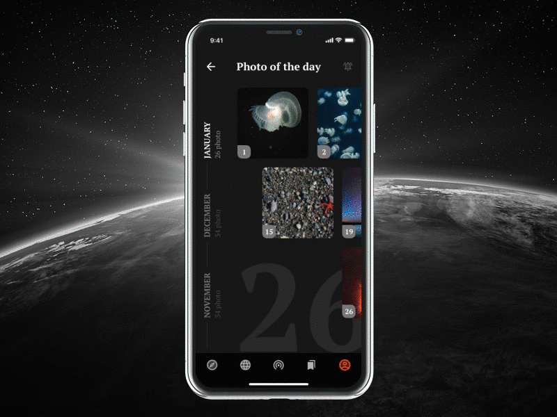 NS iOS: Photo of the day animation dark ios gallery image ios 12 photo photo of the day sci fi science science app typography zoom