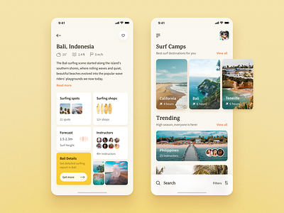 Surf App: List of surf camps 🏄‍♂️ app app design beach chill design ios ios app list mobile app mobile design search small cards surf surf app surfboard surfers surfing surfing app typography yellow
