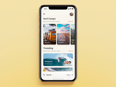 Surf App: Search&Filter Camps Animation app beach california clean experience flow freelance interaction ios list mobile animation mobile app mobile design people results surfboard surfers travel agency travel app users