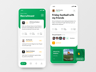 FootPlace: Football Places, Stadiums and Events app app design cards design events events app football football app friends game green ios ios app looking for group play soccer sport app stadium ui user interface