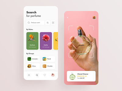 Fragrance Store: Perfume Search & AR Scan app app design app search ar camera cards design ecomerce filters flowers fragrance ios product purple search search results ui user experience user interface ux
