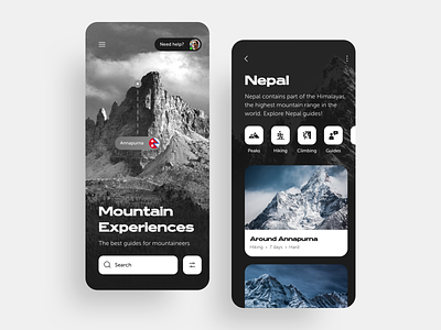 Mountain Experiences [Travel App] app black and white bold cards dark app dark ui extended images interface ios mobile mountains product design travel travel agency travel app typography ui ux wide