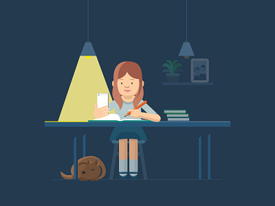 A Girl Studying art homework house illustration landing study vector