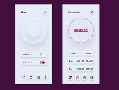 NEUMORPHIC CLOCK APP app colours design figma graphic design illustration mobile neumorphism photoshop ui ux webpage xd