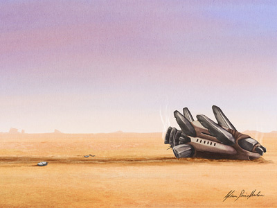 Spaceship crash desert illustration landscape spaceship