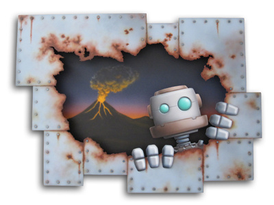 Curious Bot Rusty acrylic metal painting robot rust volcano