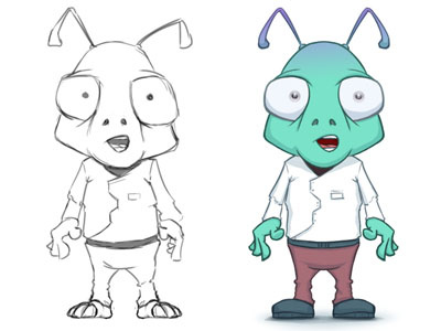 Alien alien bug eyed cartoon character colour sketch