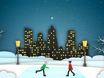 Winter City city ecard holiday ice lamp lights night people skating tree winter