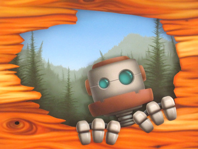 Curiousbotwoody acrylic airbrush curious forrest painting robot wood