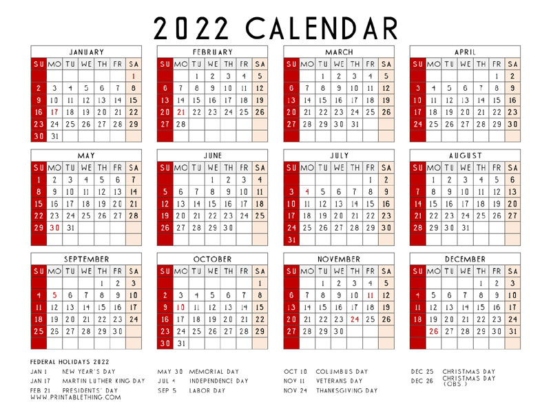 2022 calendar printable one page by calendar onepage on Dribbble