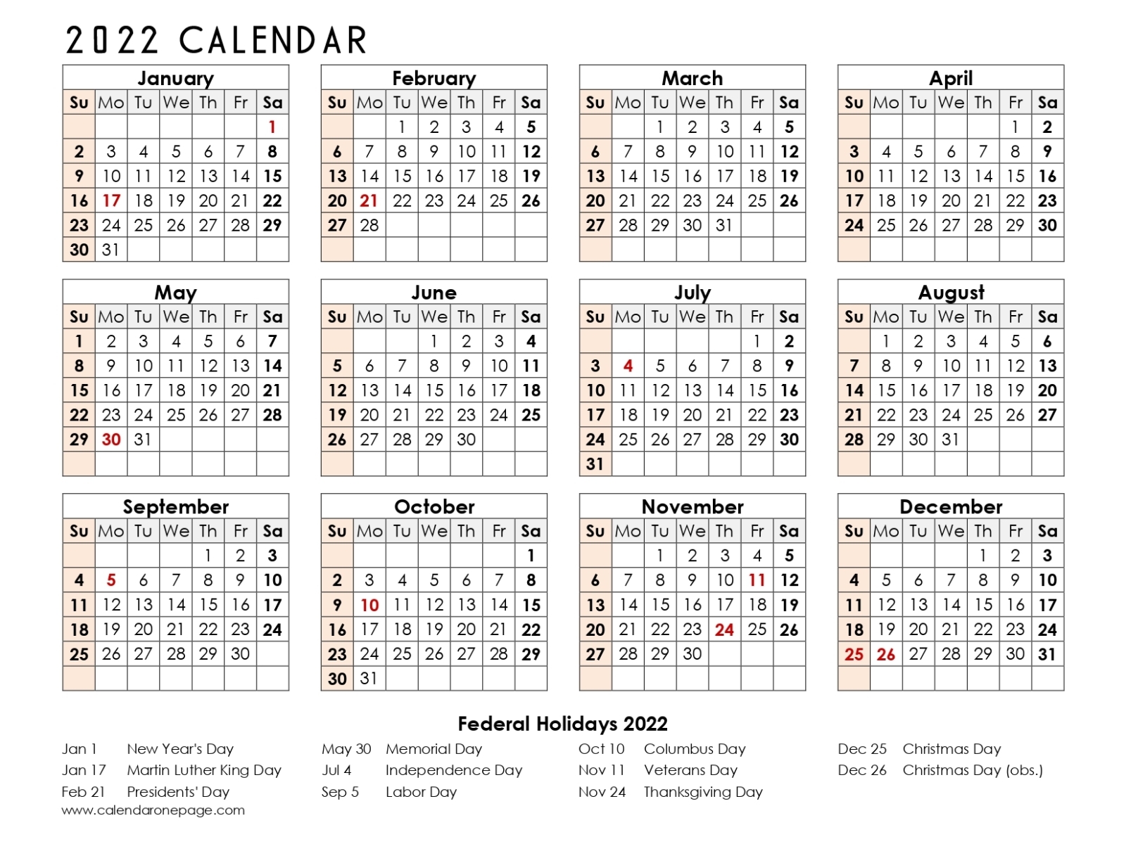 2022 Calendar Printable One Page By Calendar Onepage On Dribbble