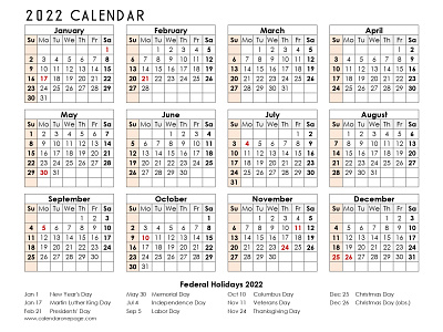 2022 Calendar Printable One Page by calendar onepage on Dribbble