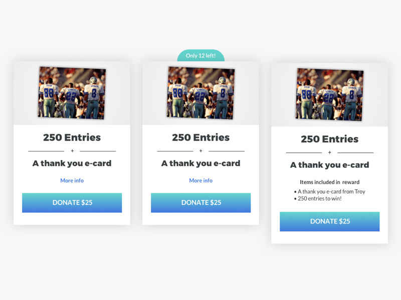 Prizeo Campaign Reward Card States states material cards ux design ui design redesign product design gradient charity cause campaign