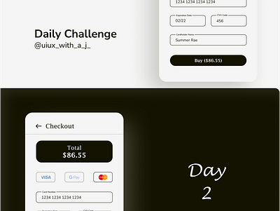 Day 2- Credit Card Checkout 2 adobe xd app app design app ui black branding creditcard dailychallenge dailyui dark day2 design dribbble figma light ui uiux ux