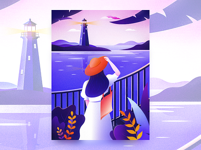 Travel bridge design flat illustration girl illustration illustrations journey landscape light lighthouse port scenery travel travelling trip