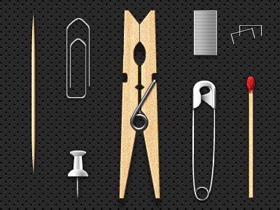 Everyday Objects (.psd) clip clothespin everyday furniture matchstick objects paper pin safety staple thumbtack timeless toothpick