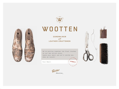 Wootten Responsive Holding Page brush cordwainer design hammer holding page logotype needle responsive scissors shield shoemaker shoes subscribe thread tool tools twitter website wordmark