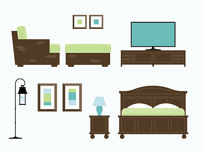 Furniture Illustrations art bed brown chair furniture icon illustration nightstand simple tv wood