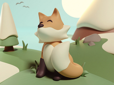 fox 3d 3d art animal art blender character design fox grass illustration mountain orange scene snow tail tree