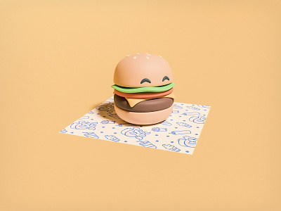 burger 3d 3d art art blender bun burger character design eat eyes food icon illustration meat smile wrapper