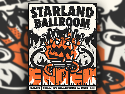 Ender Gig Poster - Starland Ballroom band cloud fire gig poster illustration logo music poster robot smoke trees typography